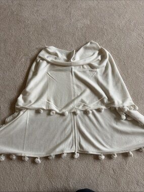 Caroline Grace off white Pom-Pom Trim Poncho